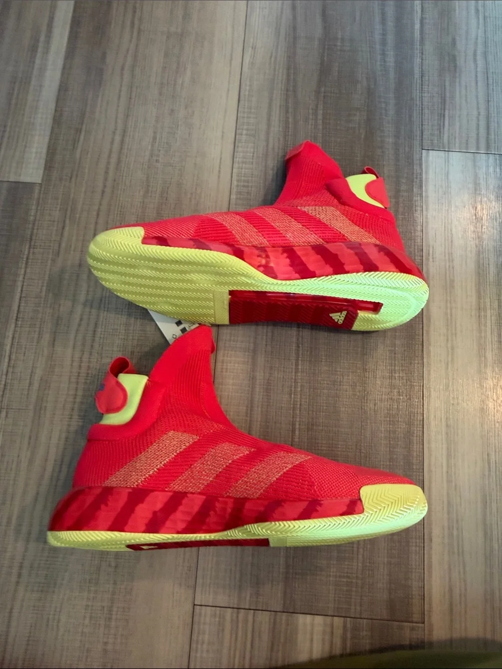 adidas Red Knit Slip-On High-Top Athletic Sneakers with Yellow Accents